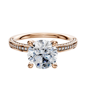 14K Rose Gold 4 Prong Hidden Halo Classic Flat 3-Row-Pave 2.0mm Engagement Ring