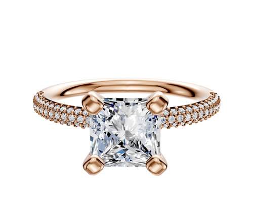 14K Rose Gold 4 Prong Classic Dome 3-Row-Pave 2.0mm Engagement Ring