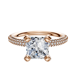 14K Rose Gold 4 Prong Classic Dome 3-Row-Pave 2.0mm Engagement Ring