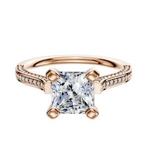 14K Rose Gold 4 Prong Cathedral Flat 3-Row-Pave 2.0mm Engagement Ring