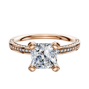 14K Rose Gold 4 Prong Classic Flat 3-Row-Pave 2.0mm Engagement Ring