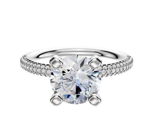 14K White Gold 4 Prong Classic Dome 3-Row-Pave 2.0mm Engagement Ring