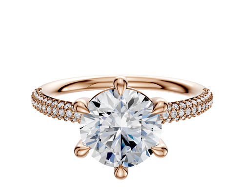 14K Rose Gold 6 Prong Basket Classic Dome 3-Row-Pave 2.0mm Engagement Ring