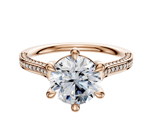 14K Rose Gold 6 Prong Basket Cathedral Flat 3-Row-Pave 2.0mm Engagement Ring