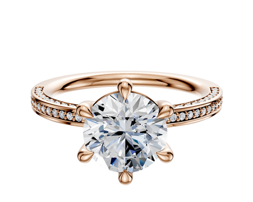 14K Rose Gold 6 Prong Basket Classic Flat 3-Row-Pave 2.0mm Engagement Ring
