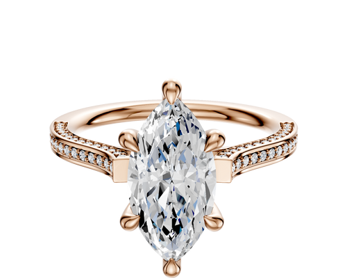 14K Rose Gold 6 Prong Hidden Halo Cathedral Flat 3-Row-Pave 2.0mm Engagement Ring