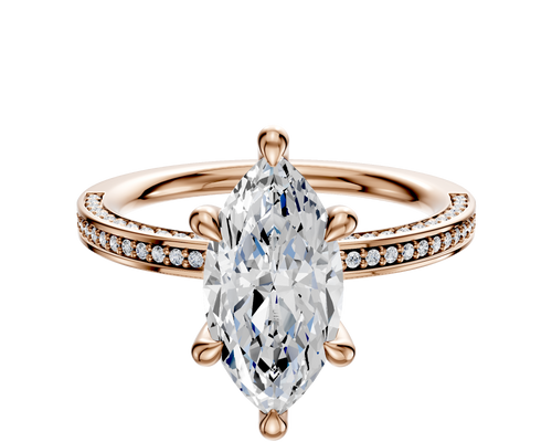 14K Rose Gold 6 Prong Hidden Halo Classic Flat 3-Row-Pave 2.0mm Engagement Ring