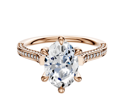 14K Rose Gold 6 Prong Hidden Halo Cathedral Flat 3-Row-Pave 2.0mm Engagement Ring