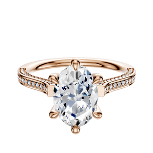 14K Rose Gold 6 Prong Hidden Halo Cathedral Flat 3-Row-Pave 2.0mm Engagement Ring