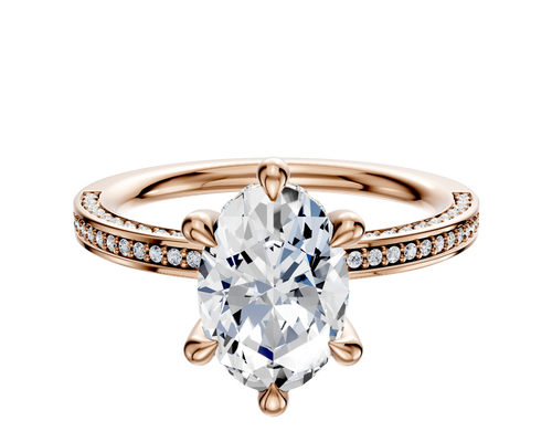 14K Rose Gold 6 Prong Hidden Halo Classic Flat 3-Row-Pave 2.0mm Engagement Ring