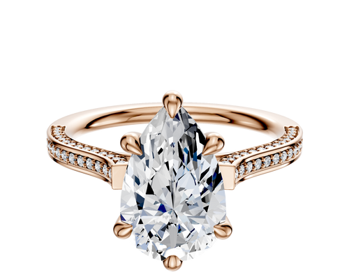 14K Rose Gold 6 Prong Hidden Halo Cathedral Flat 3-Row-Pave 2.0mm Engagement Ring