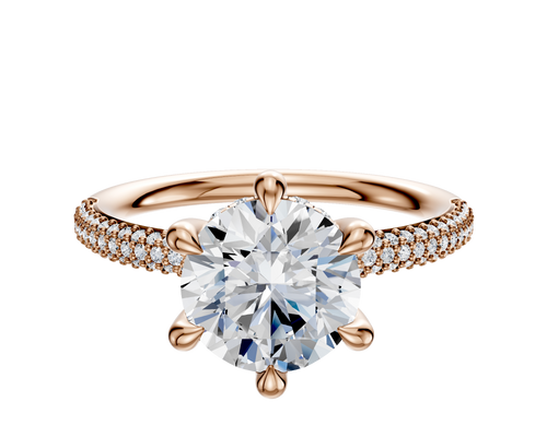 14K Rose Gold 6 Prong Hidden Halo Classic Dome 3-Row-Pave 2.0mm Engagement Ring
