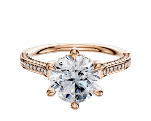 14K Rose Gold 6 Prong Hidden Halo Cathedral Flat 3-Row-Pave 2.0mm Engagement Ring