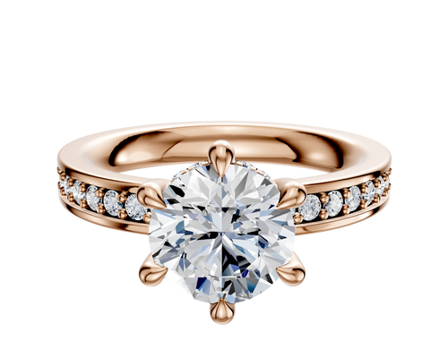 14K Rose Gold 6 Prong Hidden Halo Classic Flat 1-Row-Pave 2.5mm Engagement Ring