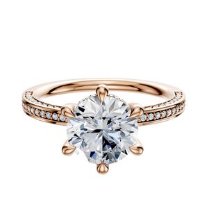 14K Rose Gold 6 Prong Hidden Halo Classic Flat 3-Row-Pave 2.0mm Engagement Ring