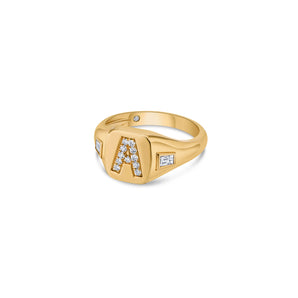 Initial Signet Ring with Baguette and Round Lab Diamonds