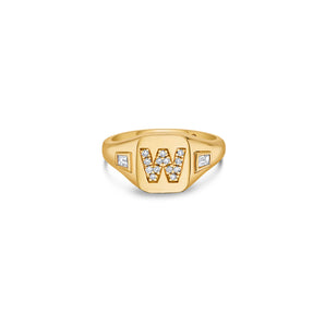 Initial Signet Ring with Baguette and Round Lab Diamonds