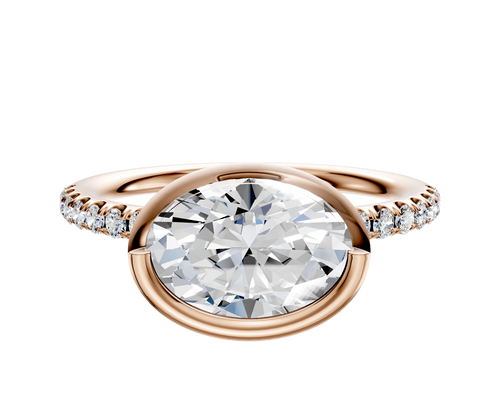 14K Rose Gold Bezel Full Bezel East/West Classic Dome 1-Row-Pave 2.5mm Engagement Ring