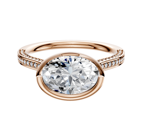 14K Rose Gold Bezel Full Bezel East/West Cathedral Flat 3-Row-Pave 2.0mm Engagement Ring