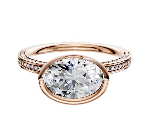 14K Rose Gold Bezel Full Bezel East/West Classic Flat 3-Row-Pave 2.0mm Engagement Ring