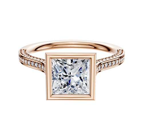14K Rose Gold Bezel Full Bezel North/South Cathedral Flat 3-Row-Pave 2.0mm Engagement Ring
